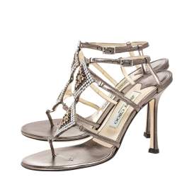 Jimmy Choo Metallic Bronze Leather Meira Crystal Embellished Sandals Size 37