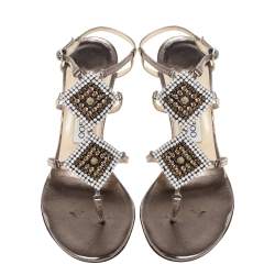 Jimmy Choo Metallic Bronze Leather Meira Crystal Embellished Sandals Size 37