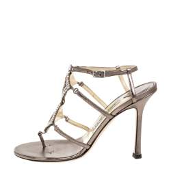 Jimmy Choo Metallic Bronze Leather Meira Crystal Embellished Sandals Size 37