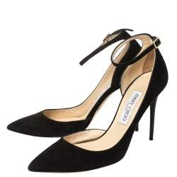 Pre Owned Jimmy Choo Black Suede Lucy Ankle Strap Pointed Toe D'orsay Pumps Size 38