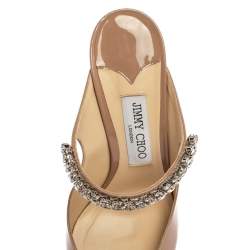 Pre Owned Jimmy Choo Beige Patent Leather Bing 65 Crystal Embellished Pointed Toe Mule Sandals Size 39.5
