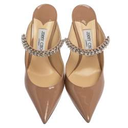 Pre Owned Jimmy Choo Beige Patent Leather Bing 65 Crystal Embellished Pointed Toe Mule Sandals Size 39.5