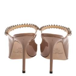 Pre Owned Jimmy Choo Beige Patent Leather Bing 65 Crystal Embellished Pointed Toe Mule Sandals Size 39.5
