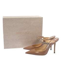 Pre Owned Jimmy Choo Beige Patent Leather Bing 65 Crystal Embellished Pointed Toe Mule Sandals Size 39.5