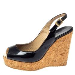 Pre Owned Jimmy Choo Black Patent Leather Prova Slingback Cork Wedge Sandals Size 36.5