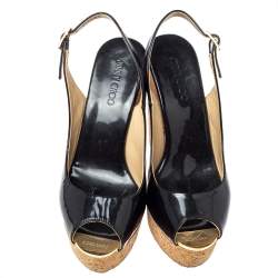 Pre Owned Jimmy Choo Black Patent Leather Prova Slingback Cork Wedge Sandals Size 36.5