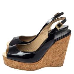 Pre Owned Jimmy Choo Black Patent Leather Prova Slingback Cork Wedge Sandals Size 36.5