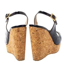 Pre Owned Jimmy Choo Black Patent Leather Prova Slingback Cork Wedge Sandals Size 36.5