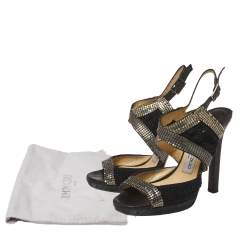 Jimmy Choo Black Chainmail and Fabric Peep Toe Slingback Sandals Size 36