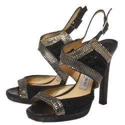 Jimmy Choo Black Chainmail and Fabric Peep Toe Slingback Sandals Size 36