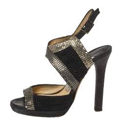 Jimmy Choo Black Chainmail and Fabric Peep Toe Slingback Sandals Size 36