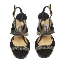Jimmy Choo Black Chainmail and Fabric Peep Toe Slingback Sandals Size 36