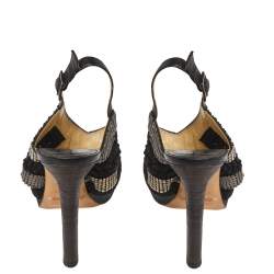 Jimmy Choo Black Chainmail and Fabric Peep Toe Slingback Sandals Size 36