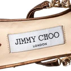 Pre Owned Jimmy Choo Metallic Bronze Leather Crystal Embellished Thong Sandals Size 38.5