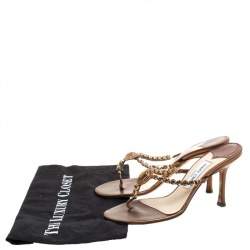 Pre Owned Jimmy Choo Metallic Bronze Leather Crystal Embellished Thong Sandals Size 38.5