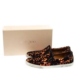 Jimmy Choo Black/Neon Orange Lace and Patent Leather Demi Slip-On Sneakers Size 39.5