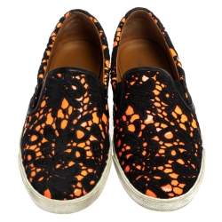 Jimmy Choo Black/Neon Orange Lace and Patent Leather Demi Slip-On Sneakers Size 39.5