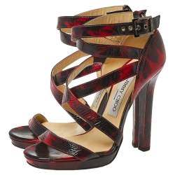 Pre Owned صندل جيمى تشو سيرو متقاطعة مزدوجة جلد لامع طباعة أبستراكت أسود / أحمر مقاس 36.5