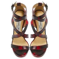 Pre Owned صندل جيمى تشو سيرو متقاطعة مزدوجة جلد لامع طباعة أبستراكت أسود / أحمر مقاس 36.5