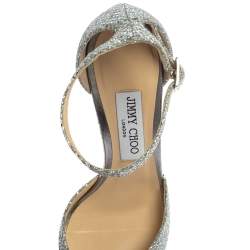 Pre Owned Jimmy Choo Metallic Silver Glitter Fabric Annie Ankle Strap Sandals Size 38.5