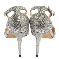 Pre Owned Jimmy Choo Metallic Silver Glitter Fabric Annie Ankle Strap Sandals Size 38.5