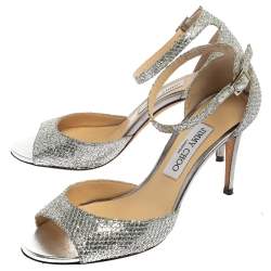 Pre Owned Jimmy Choo Metallic Silver Glitter Fabric Annie Ankle Strap Sandals Size 38.5