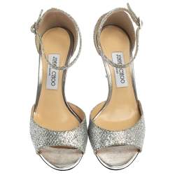 Pre Owned Jimmy Choo Metallic Silver Glitter Fabric Annie Ankle Strap Sandals Size 38.5