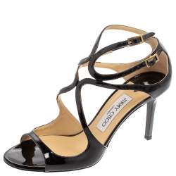 Jimmy Choo Black Patent Leather Ivette Strappy Sandals Size 37.5