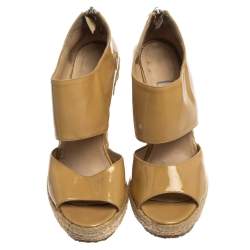 Pre Owned Jimmy Choo Beige Patent Patriot Espadrille Wedge Sandals Size 38