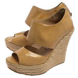 Pre Owned Jimmy Choo Beige Patent Patriot Espadrille Wedge Sandals Size 38