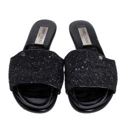 Pre Owned   Jimmy Choo Metallic Black Glitter Nanda Flat Slides Size 39