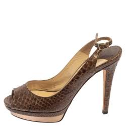 Jimmy Choo Brown Glitter Effect Python Peep Toe Slingback Platform Sandals Size 38