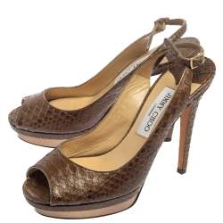 Jimmy Choo Brown Glitter Effect Python Peep Toe Slingback Platform Sandals Size 38