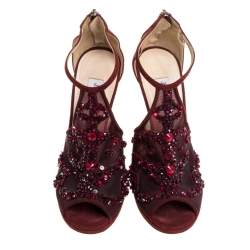 Pre Owned Jimmy Choo Burgundy Embellished Mesh And Suede Sandals Size 37.5