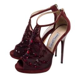 Pre Owned Jimmy Choo Burgundy Embellished Mesh And Suede Sandals Size 37.5