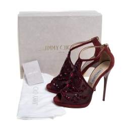 Pre Owned Jimmy Choo Burgundy Embellished Mesh And Suede Sandals Size 37.5