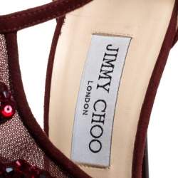 Pre Owned Jimmy Choo Burgundy Embellished Mesh And Suede Sandals Size 37.5