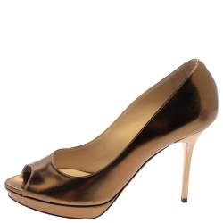 Jimmy Choo Metallic Gold Patent Leather Dahlia Peep Toe Platform Pumps Size 38