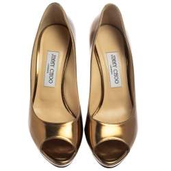Jimmy Choo Metallic Gold Patent Leather Dahlia Peep Toe Platform Pumps Size 38