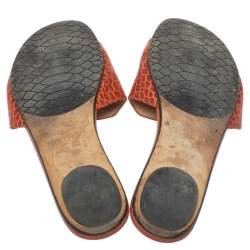 Pre Owned Jimmy Choo Dark Orange Croc Embossed Leather Nanda Flat Slides Size 38.5