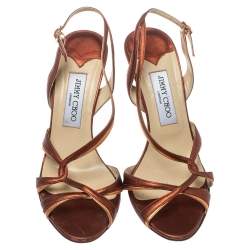 Pre Owned Jimmy Choo Metallic Copper/Red Leather Leona Slingback Sandals Size 39.5
