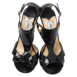 Pre Owned صندل جيمي تشو مفرغ سير كاحل جلد لامع أسود مقاس 39.5