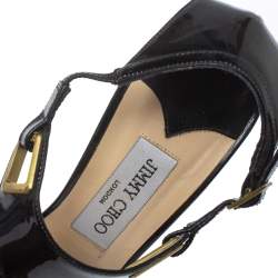 Pre Owned صندل جيمي تشو مفرغ سير كاحل جلد لامع أسود مقاس 39.5