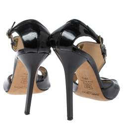 Pre Owned صندل جيمي تشو مفرغ سير كاحل جلد لامع أسود مقاس 39.5