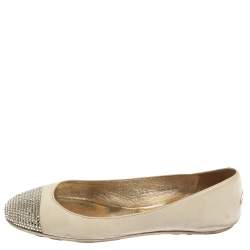 Pre Owned Jimmy Choo White Leather Waine Crystal Embellished Cap Toe Ballet Flats Size 36.5