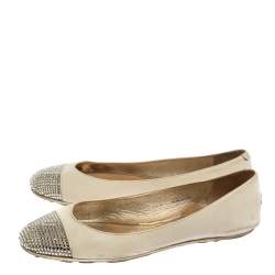 Pre Owned Jimmy Choo White Leather Waine Crystal Embellished Cap Toe Ballet Flats Size 36.5
