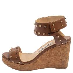 Pre Owned Jimmy Choo Brown Studded Leather Veto Cork Wedge Sandals Size 38.5