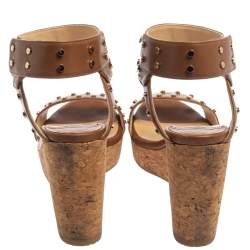 Pre Owned Jimmy Choo Brown Studded Leather Veto Cork Wedge Sandals Size 38.5