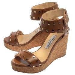 Pre Owned Jimmy Choo Brown Studded Leather Veto Cork Wedge Sandals Size 38.5