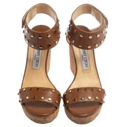 Pre Owned Jimmy Choo Brown Studded Leather Veto Cork Wedge Sandals Size 38.5